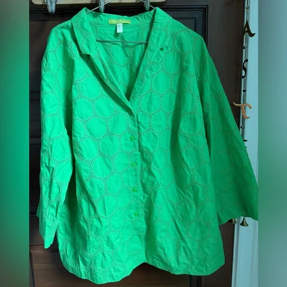 NWOT Sigrid Olsen Plus Green Eyelet Oversized Button Down Shirt - Picture 1 of 11